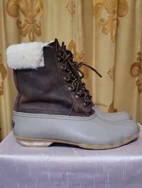 Sperry Brown Leather and Gray Duck Boots with Wool Lining